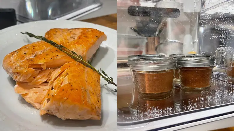 Photo collage of cooked salmon and two small glass jars on a refrigerator shelf.