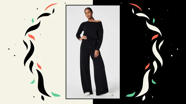 A knit jumpsuit with a wide neckline.