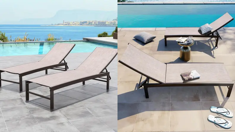 beige and black chaise lounge chairs next to a pool