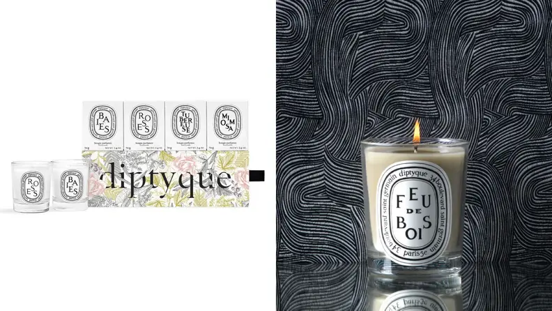On left, a box of four Diptypque candles. On right, a singular candle burning.