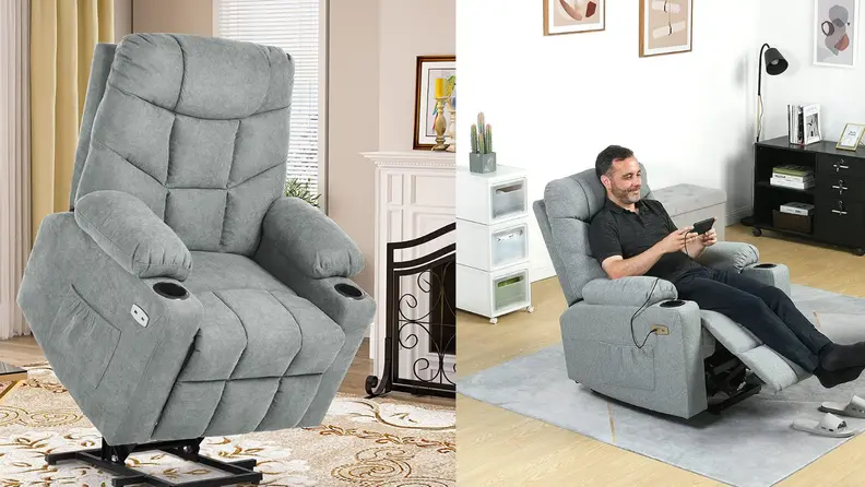 The Yitahome recliner in a side-by-side image. Shows the chair by itself and another image with a man reclining in the seat