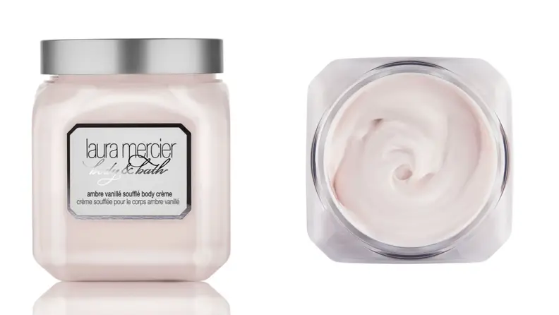 On left, front shot of Laura Mercier Ambre Vanillè Soufflé Body Crème. On right, open jar Laura Mercier of Ambre Vanillè Soufflé Body Crème