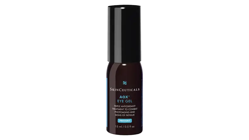 A small, dark brown bottle of eye gel on a white background.