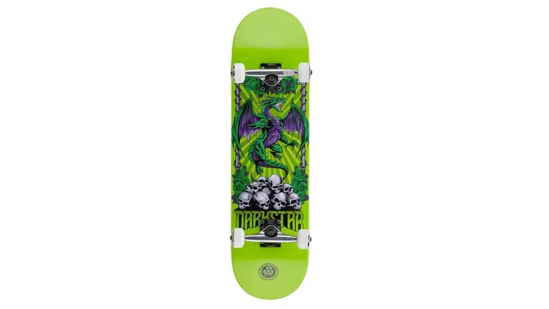A green skateboard by Darkstar.