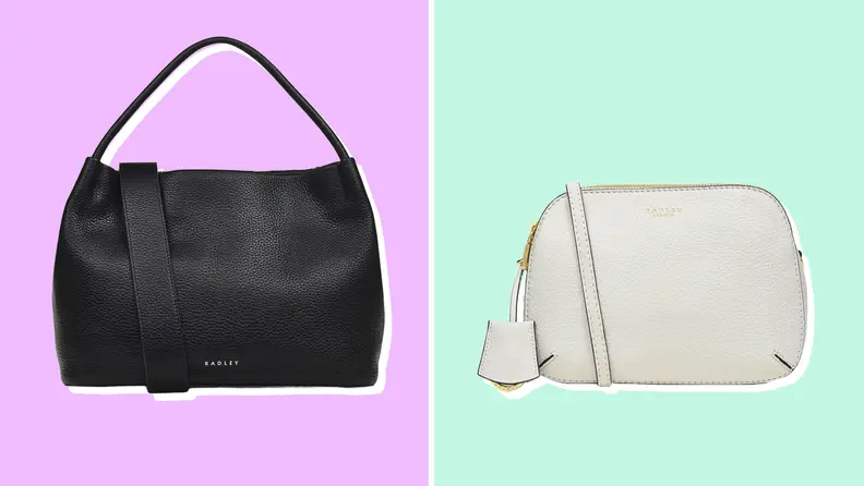 Two Radley London purses against purple and green backgrounds