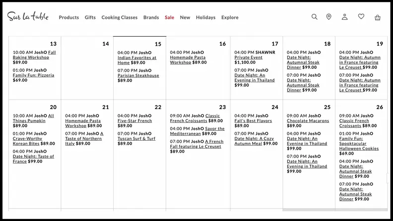 Calendar view of Sur La Table in-store classes.