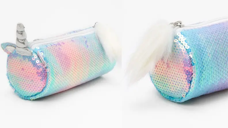 Multi-colored glitter unicorn themed zipper pencil pouch.