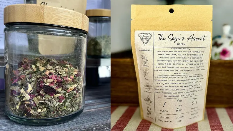 A jar full of tea leaves next to a brown bag of tea