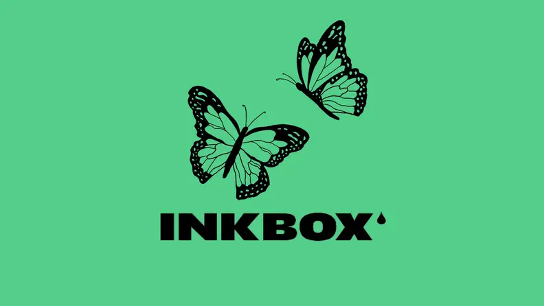 Two black butterfly temporary tattoos and a Inkbox logo on a green background