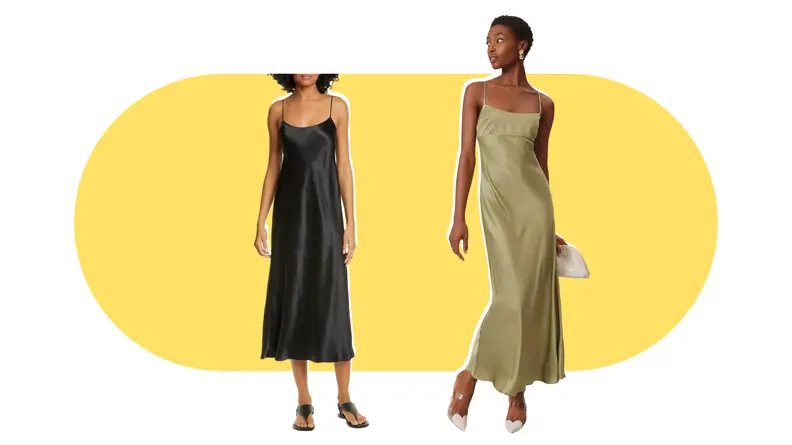 Slip dresses worn by models. There is a black dress and also a green version.