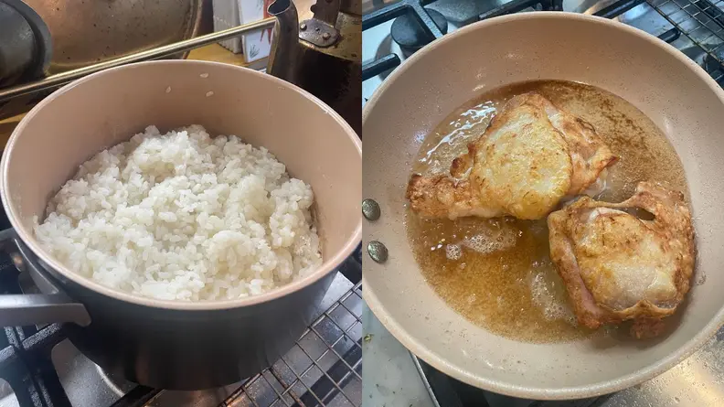 On left, cooked white rice inside of pot without lid. On right, two chicken breasts being seared inside of nonstick skillet pan.
