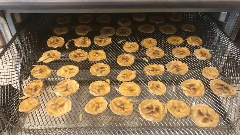 A tray of banana chips comes out of the Ninja Foodi Air Fryer Oven.