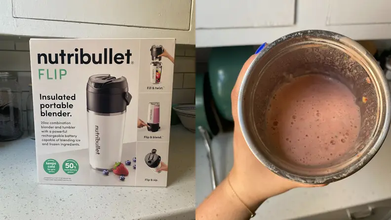 Photo collage of the a NutriBullet Flip box on a countertop and a person displaying a smoothie blend made with the NutriBullet Flip.