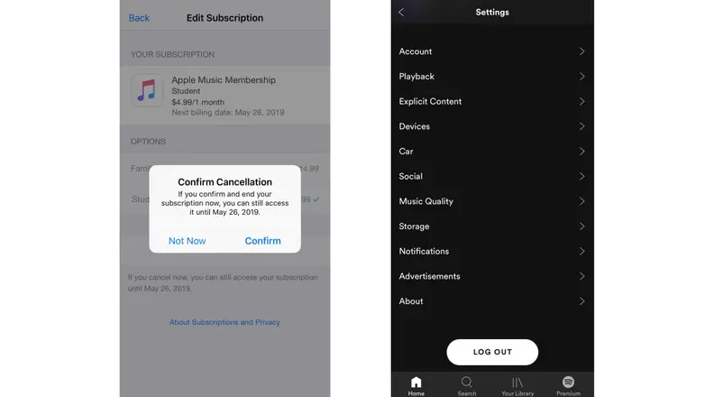 Screenshot of how to cancel Apple Music or Spotify