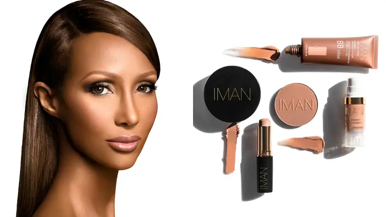 Iman looks at camera for Iman Cosmetics ad.