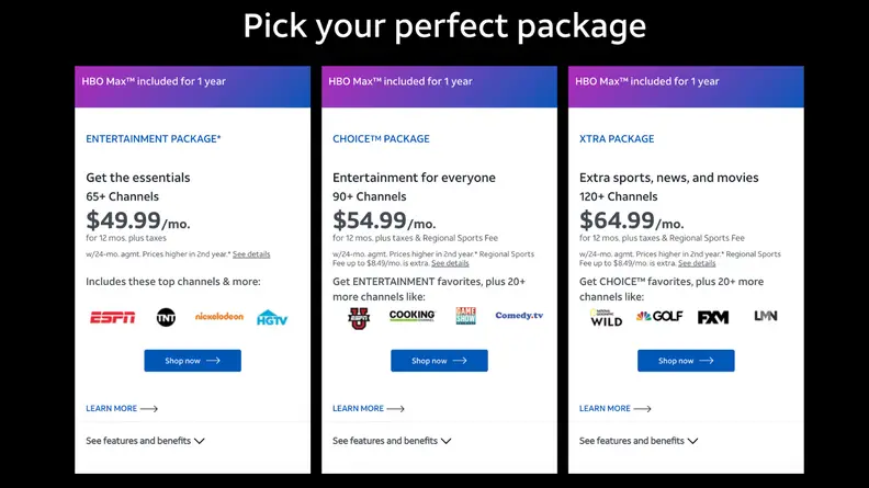 Screenshot of the AT&T TV Packages
