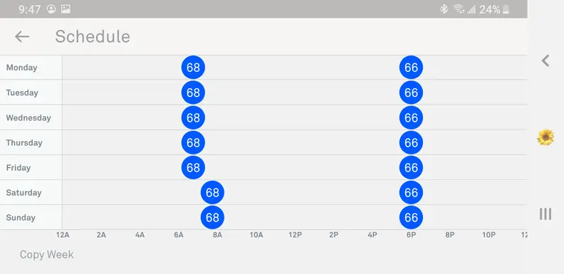 Screenshot of temperature scheduling screen