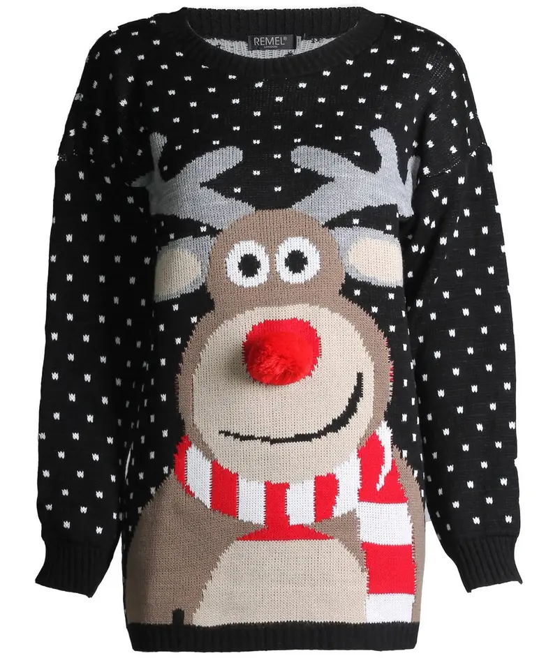 sweater with Rudolph and pom pom nose