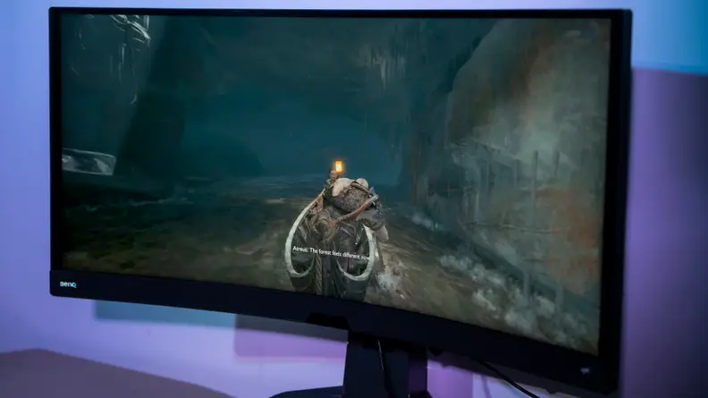 A computer monitor showing a video game character