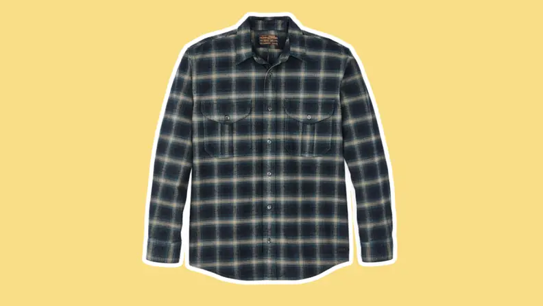 The Alaskan Guide Shirt in the colors, navy, pine bronze plaid.
