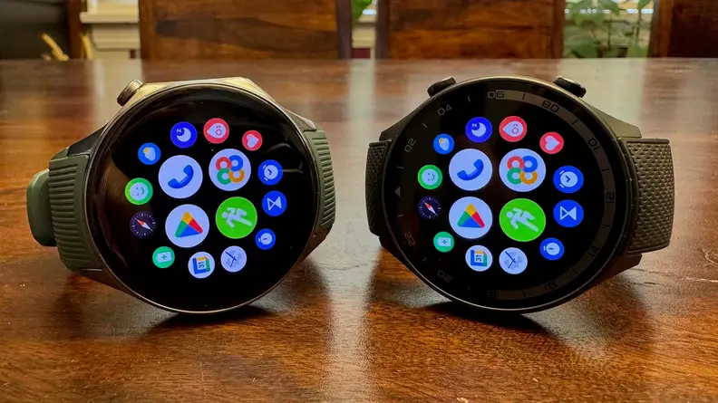 Two shots of the OnePlus Watch 2R side by side displaying their home menu.