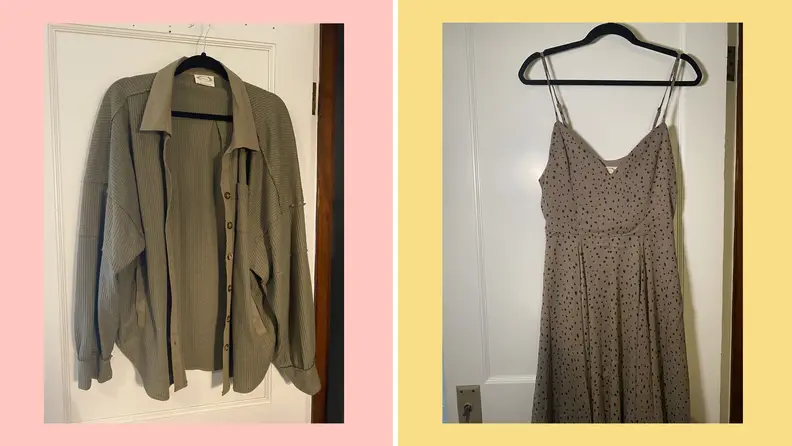 green top and patterned dress on pink and yellow background