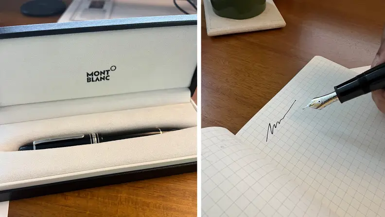 A black pen in a suede case, and scribbles on a page being made with the same pen.