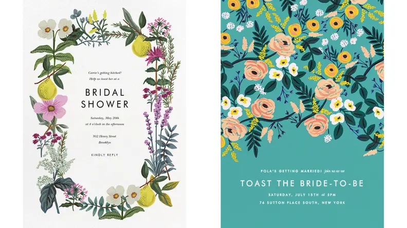 Bridal shower invitations with flowers and calligraphy.