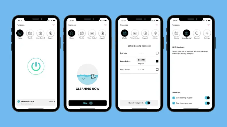 Four screenshots of the Dolphin app showing an On button, “cleaning now” notification, scheduling screen, and voice control screen.