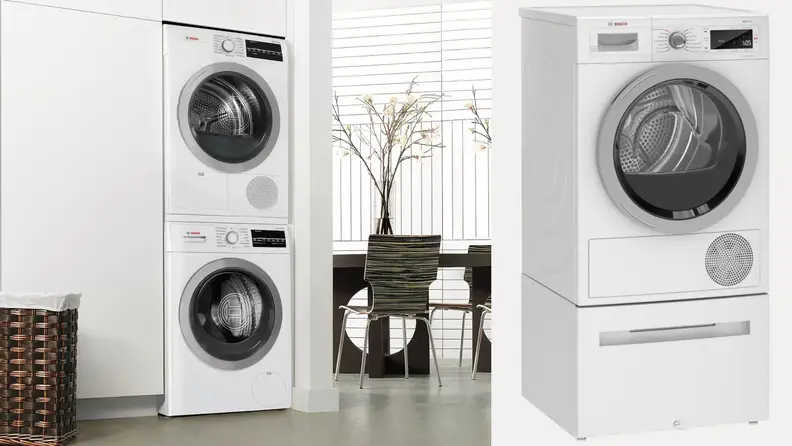 On right, stacked washer and dryer combo from Bosch in modern home. On left, single dryer from Bosch.