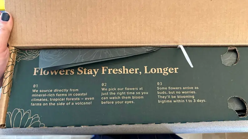 A picture of  The Bouqs Co. packaging, which details how the flowers stay fresher, longer.