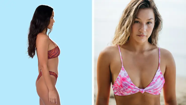 Collage image: On the left is a model wearing a red bikini, and on the right is a model wearing a pink, printed bikini top.
