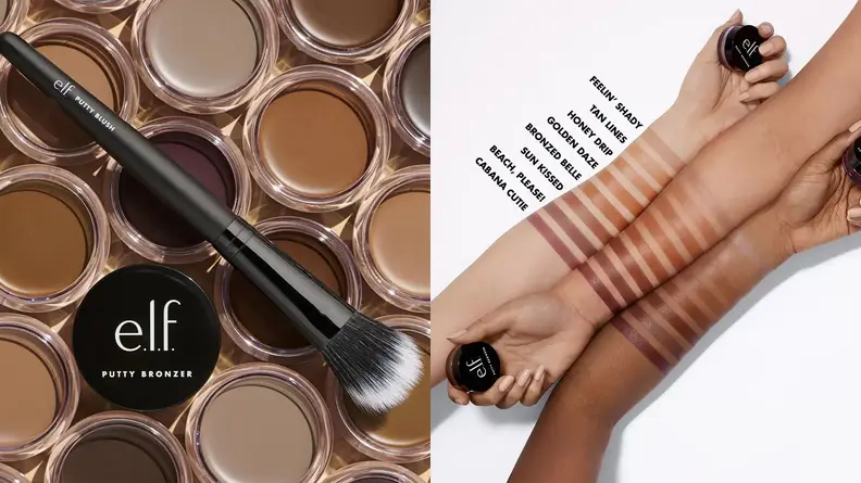 On the left: The entire range of E.L.F. Cosmetics Putty Bronzers lay on a yellow surface with a makeup brush laying across the open containers. On the right: Three arms of different skin tones lay across a white surface with all of the E.L.F. Cosmetics Putty Bronzer shades swatched on them.