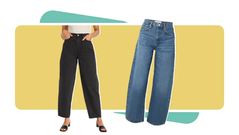 A model wearing black jeans, and also a pair of blue jeans.