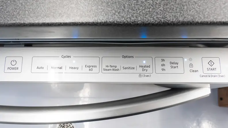 A close-up of the top-mounted control panel on the Samsung DW80R2031US dishwasher.