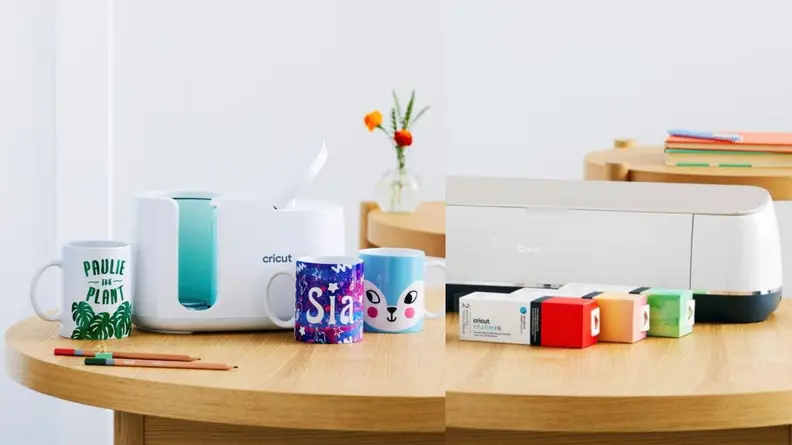 Cricut crafter next to mugs and paint