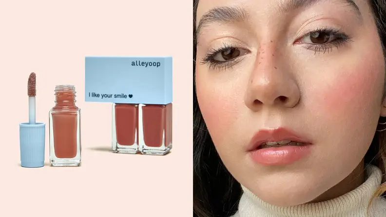 On the left: A trio of three connected tubes of pink lip formulas with one of the tubs open to show the doe-foot applicator. On the right: A person wearing a pink lip color and pink blush on their cheeks.