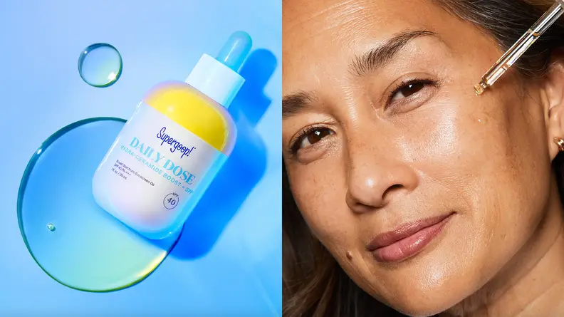 On the left: A round bottle of oil laying in a pool of liquid. On the right: A closeup on a person holding an oil dropper to their cheek.