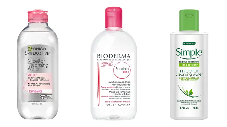 A photo of the Garnier SkinActive Micellar Cleansing Water, the Bioderma Sensibio H2O Soothing Micellar Cleansing Water, and the Simple Micellar Cleansing Water.