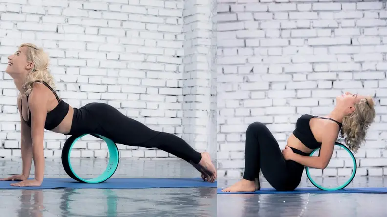 Pete's Choice yoga wheel being used by a woman in two different yoga poses