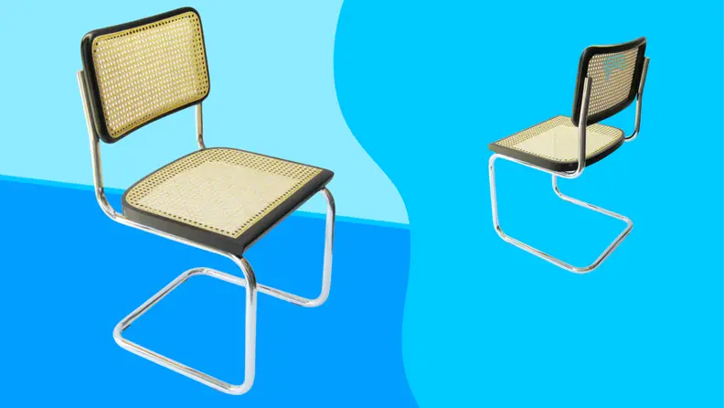 Cesca chair with black trim against a blue background.