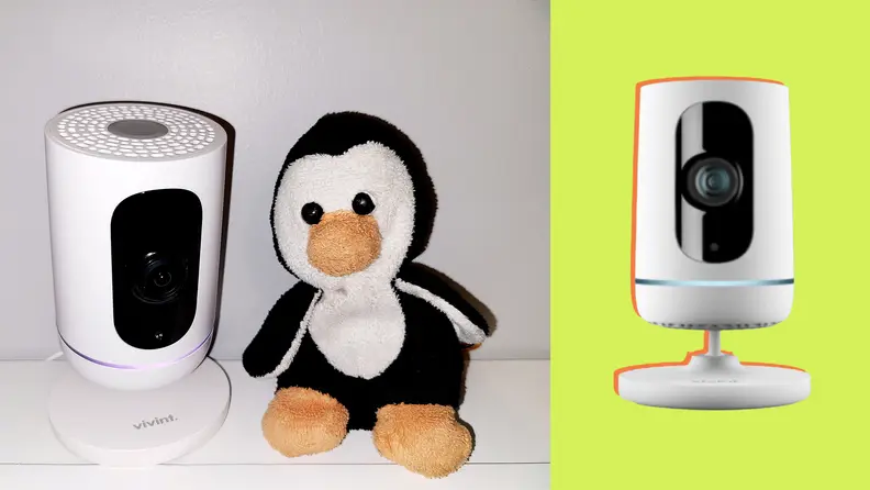 The Vivint camera next to a small penguin plushie and a shot of the product.