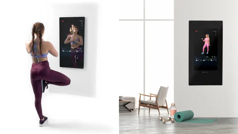 Left: Woman in tree pose in front of Echelon reflect. Right: Echelon reflect in home.