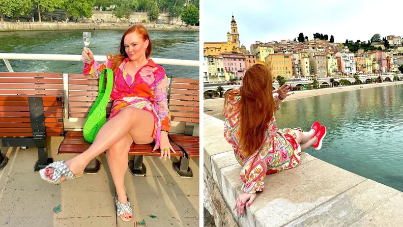 Two photographs of the author sitting down wearing printed dresses.