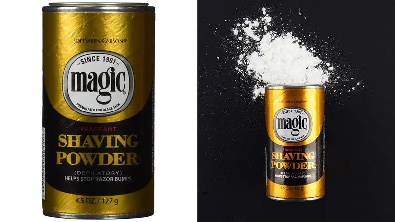Shaving Powder container on a black background.