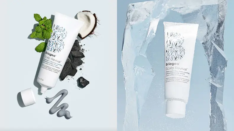 On the left: The white squeeze tube from Briogeo with mint leaves and coconut next to it. On the right: The same squeeze tub lodged inside a cube of ice.