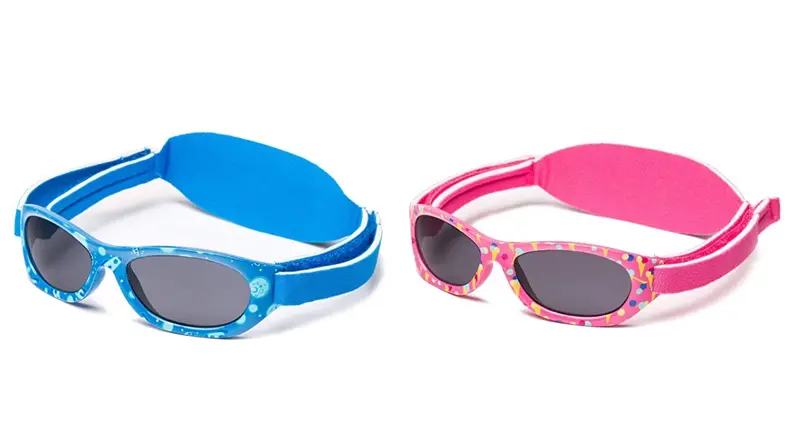 Two pairs of baby sunglasses, one in blue and one in pink