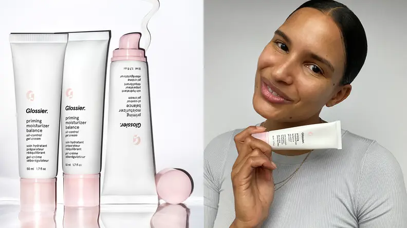 On the left: White tubes of makeup primer stand next to each other. On the right: A person holds a tube of makeup primer.
