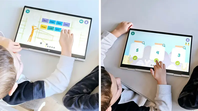 Side-by-side shot of two children using Hooked on Phonics on a tablet.
