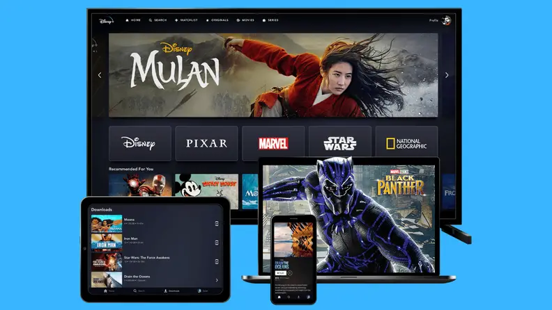Smart television, phone, tablet and laptop with streaming service pulled up.